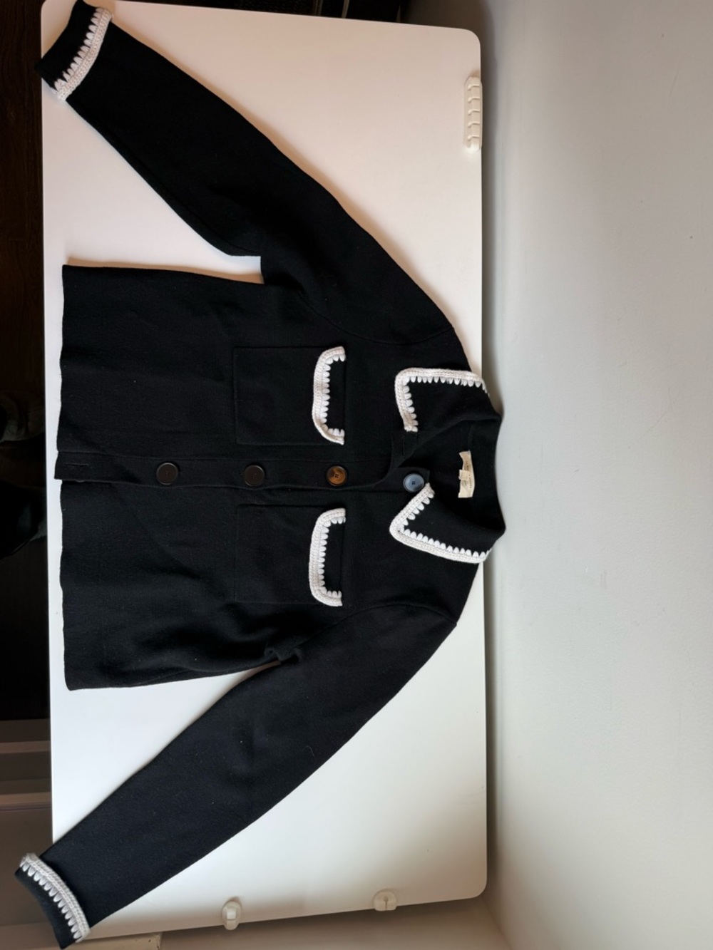 Sezane Betty Cardigan Black with Ecru Crochet Trim